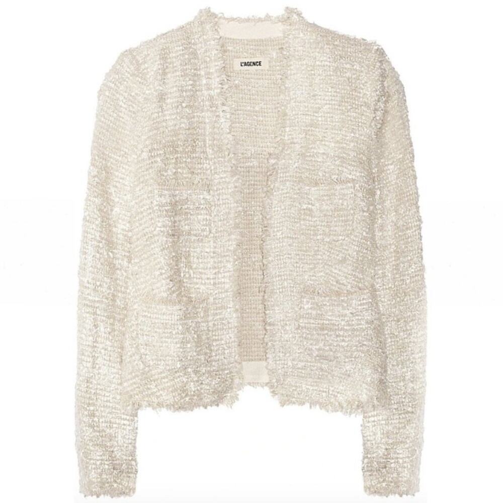 NEW L’AGENCE Cream Raw Hem Fringe Boucle Tweed‎ Jacket